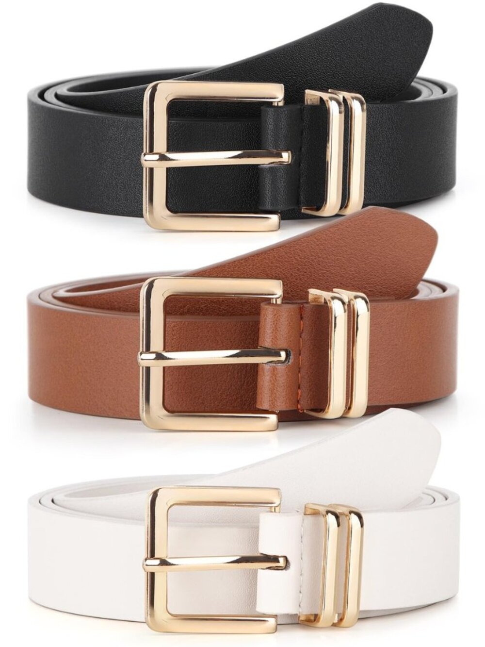 Pack 3 Women Belts for Jeans Pants, Fashion Gold Buckle Leather Belts